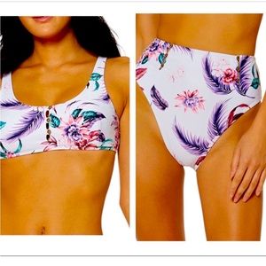 Jessica Simpson Floral Bikini Button Detail 2-Pc High Waist White Purple Size S